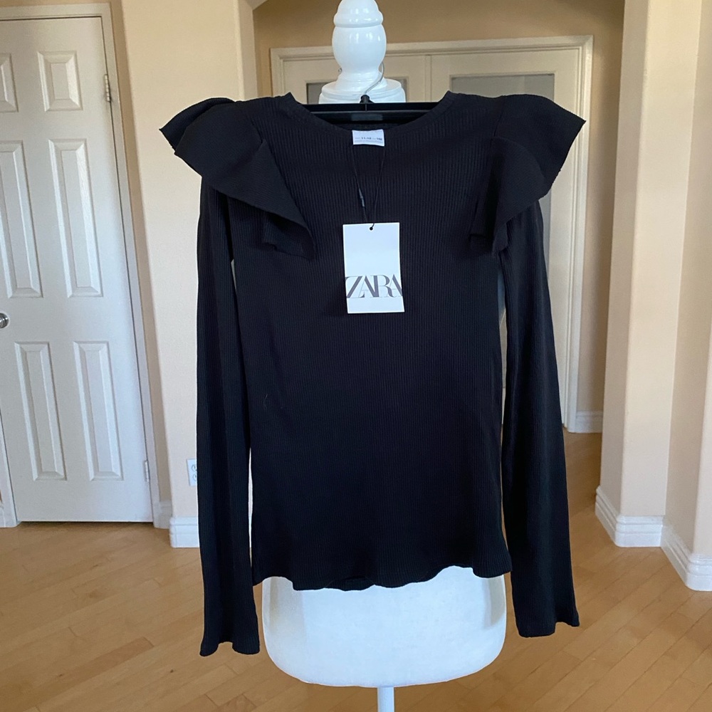 NWT Zara Kids Black Ruffled Shoulder Long Sleeve Stretch Top